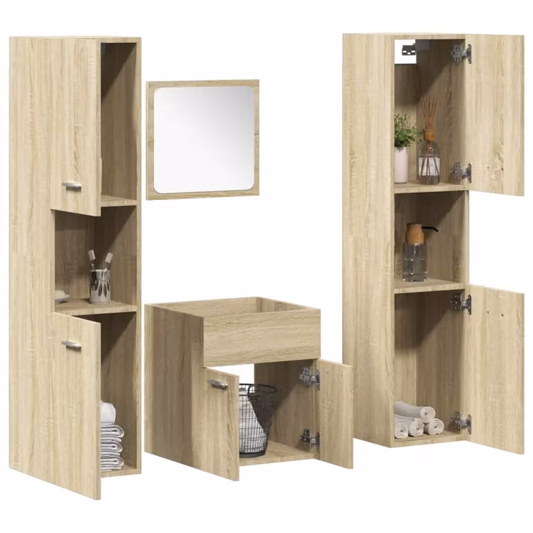 Set di mobili da bagno vidaXL 4 pezzi in legno multistrato color rovere, composto da base lavabo, pensile, armadietto con specchio e colonna, design moderno beige e marrone