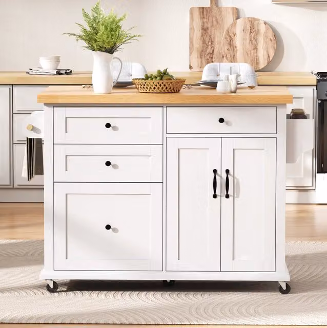 Isola da cucina su ruote con piano pieghevole 107 x 45-70 x 90;5 cm in MDF bianco e naturale