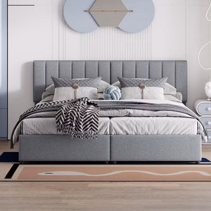 Letto imbottito 180x200 cm, con sistema di sollevamento idraulico per lo spazio contenitivo, rivestito in lino delicato sulla pelle, letto matrimoniale grigio con altezza regolabile dello schienale