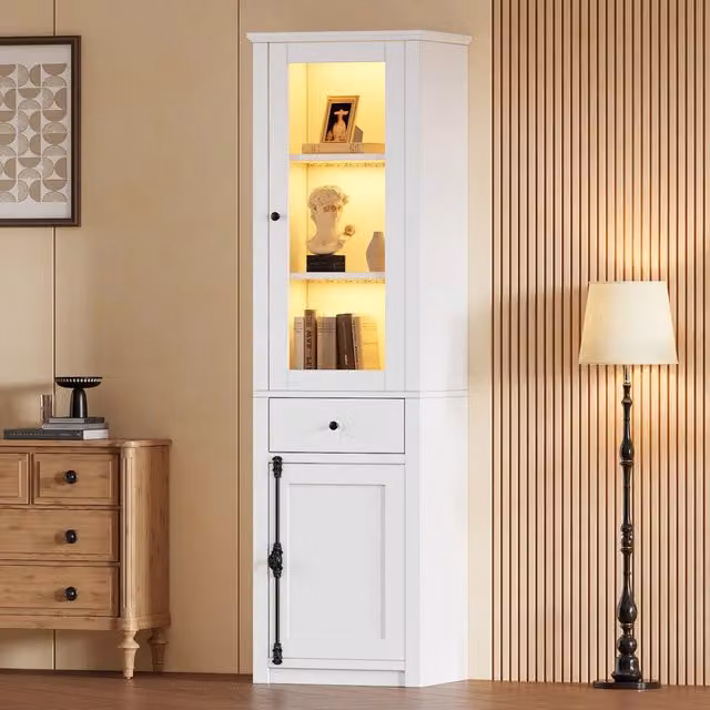 Vetrina alta 55x40x200 cm bianca con 1 cassetto, 2 ante e LED. Maniglie in metallo e lega di alluminio