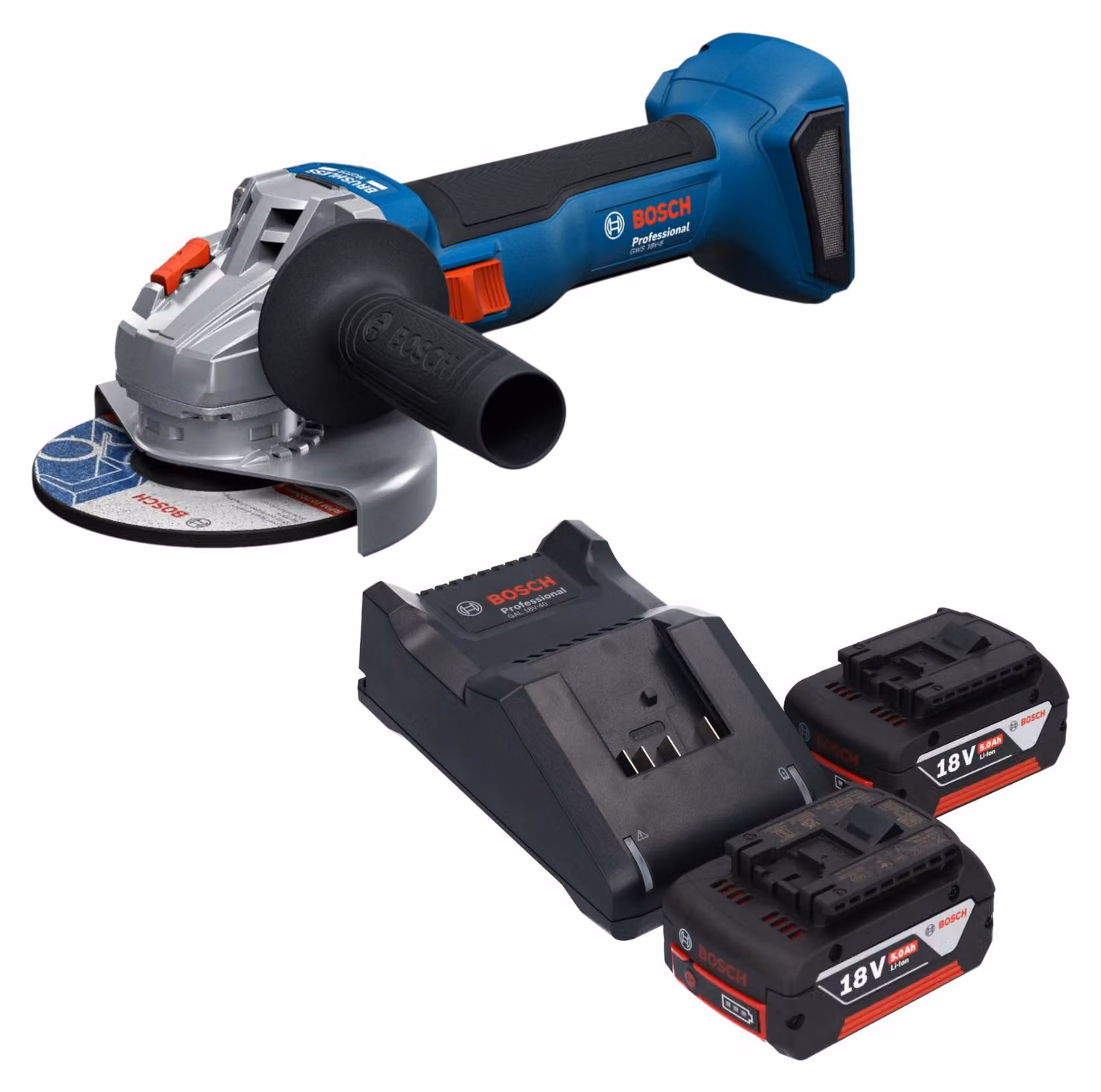 Smerigliatrice angolare a batteria Bosch GWS 18V-8 Professional 18 V 125 mm Brushless + 2 batterie da 5,0 Ah + caricabatterie