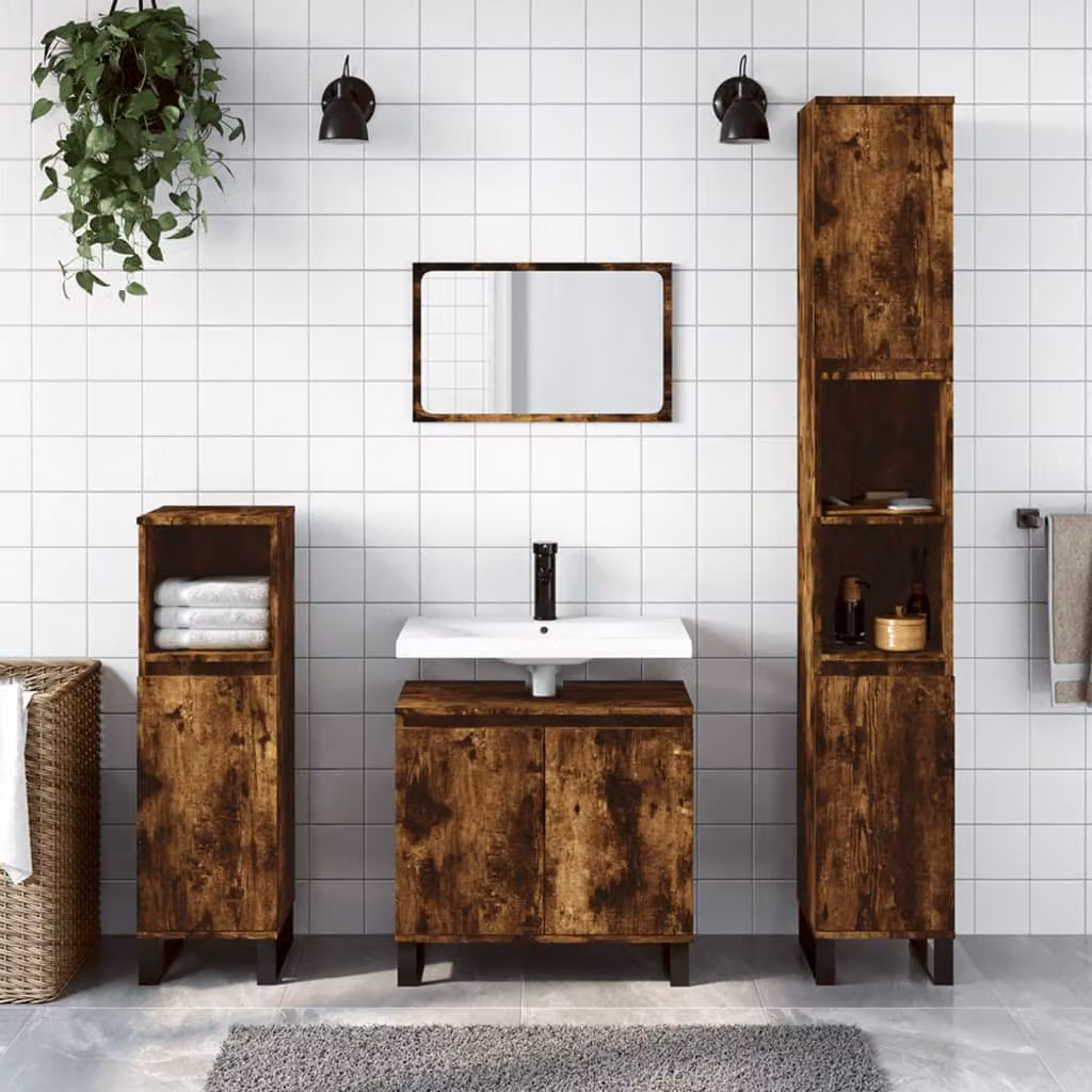 Armadietto da bagno vidaXL in legno rovere fumo con ante a battente e ripiani interni, L/P/H: 30 x 30 x 190 cm
