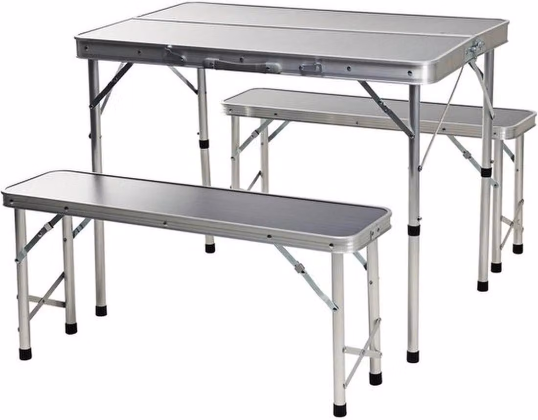Azomor: pratico set da tavola da campeggio grigio con finitura in alluminio resistente all'acqua