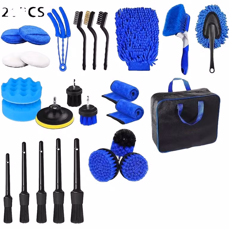 Kit per la pulizia e la cura dell'auto, set di 26 pezzi, per la pulizia interna ed esterna, colore blu