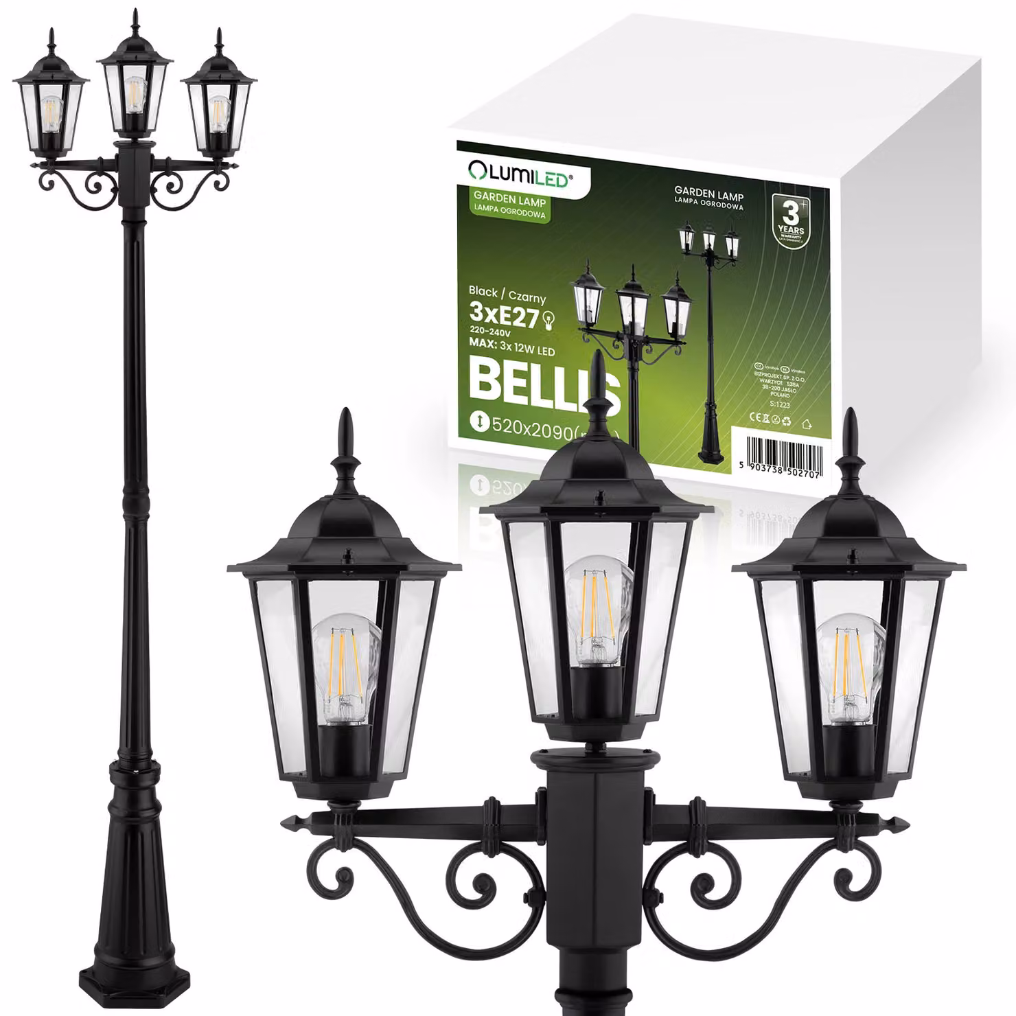 LUMILED candelabro a 3 bracci per lanterna vintage 230V 2,09m regolabile in altezza, nero, vetro alluminio 3x presa E27 IP44 giardino