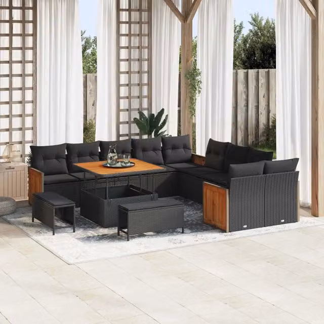 Set Divano da Giardino vidaXL a Forma a U con 13 Pezzi, Nero, con Cuscini e Tavolino da Caffè