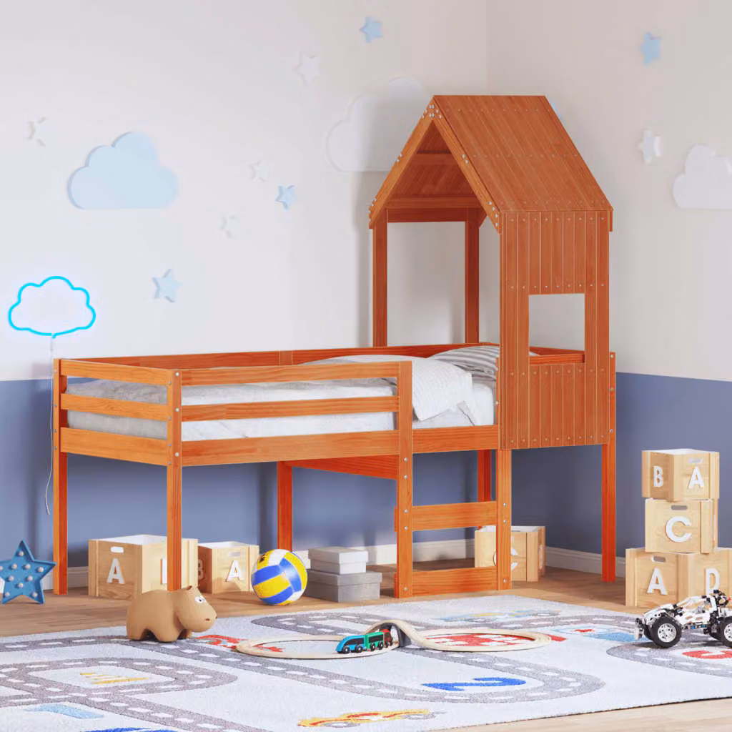 vidaXL Letto a Soppalco per Bambini con Struttura a Casetta in Legno di Pino Massello Cera Marrone L: 195,5 cm, P: 80,5 cm, H: 176,7 cm – 1