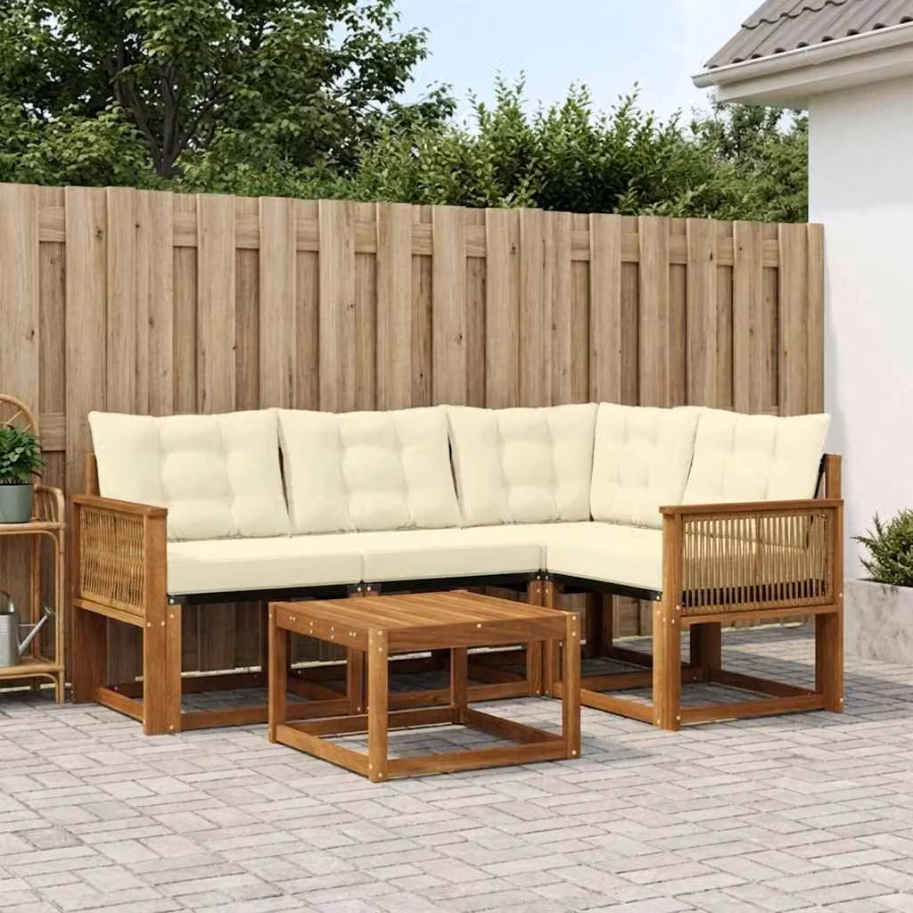 Set di divani da esterno vidaXL a forma di L composto da 5 pezzi in legno di acacia con tavolino e cuscini, Colore Beige e Marrone