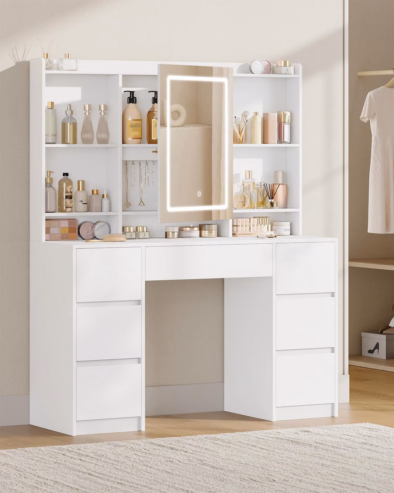 Comò con specchio illuminato, ampio spazio contenitivo con 7 cassetti, in legno, design moderno e minimalista, ideale per l'arredamento della camera da letto