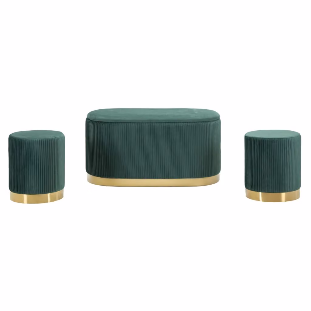 Set di 3 pezzi Vikasa Home Shopy verde: panca contenitore e 2 sgabelli in velluto a coste con base oro – 2