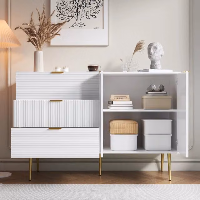 Credenza Bianca e Oro 120 cm Mobile Soggiorno con Cassetti e Ante in MDF