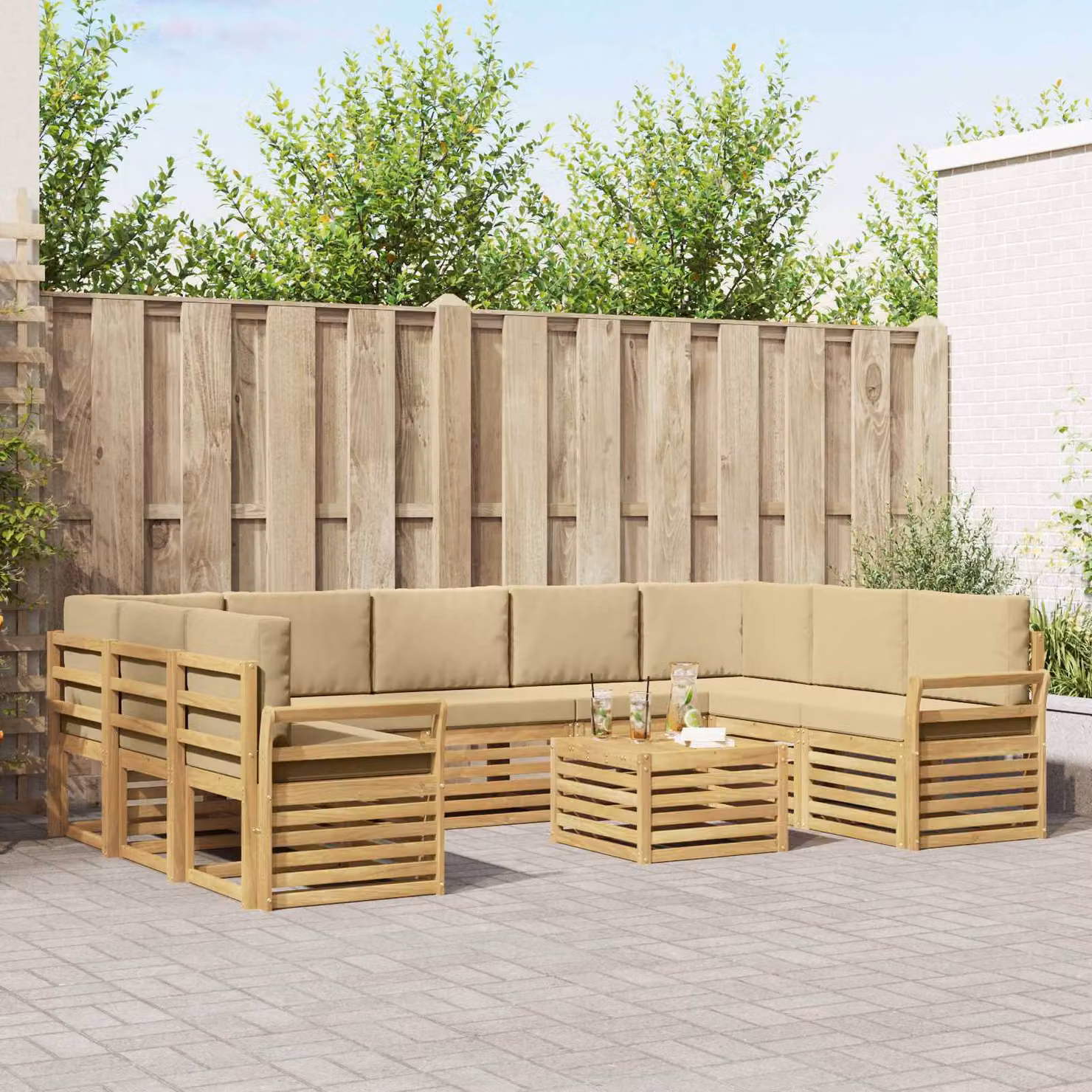 Set di divani da esterno vidaXL a forma di L composto da 10 pezzi con tavolo da caffè, in legno di acacia e tessuto resistente ai raggi UV, colori bianco, beige e marrone