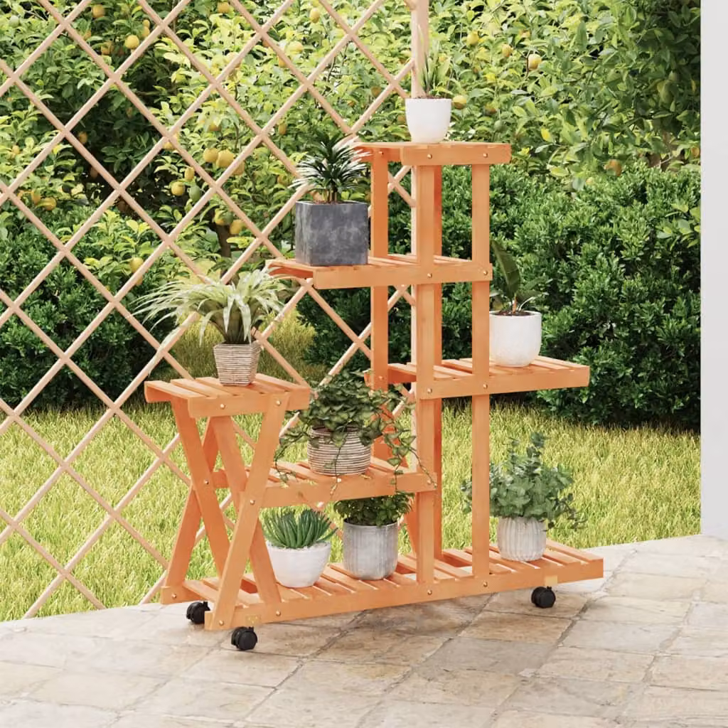 vidaXL Portafiori con Ruote in Legno di Abete Massello, Colore Marrone e Arancione, L/P/H: 95 x 25 x 101 cm