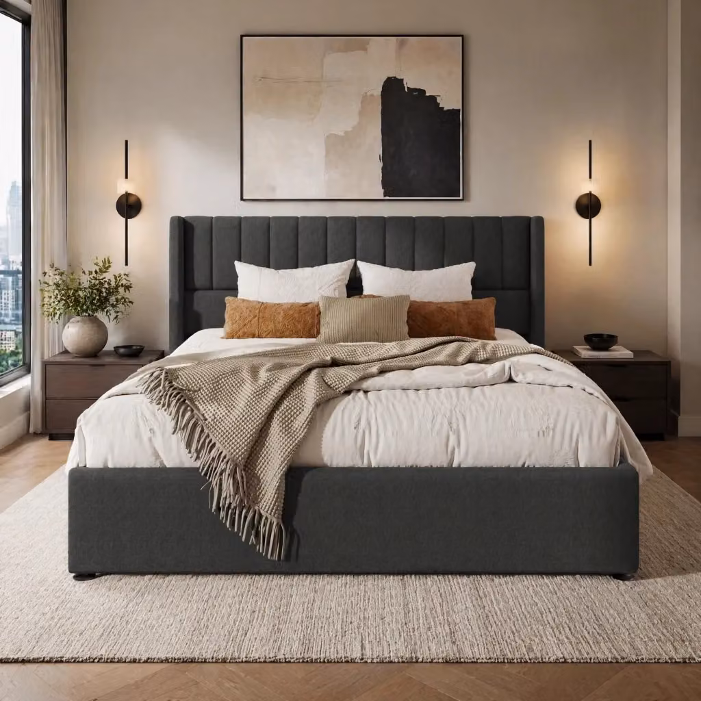 Letto contenitore Mivray con sollevamento idraulico, rete a doghe e testiera imbottita in lino grigio, L/P: 160 x 200 cm – 2