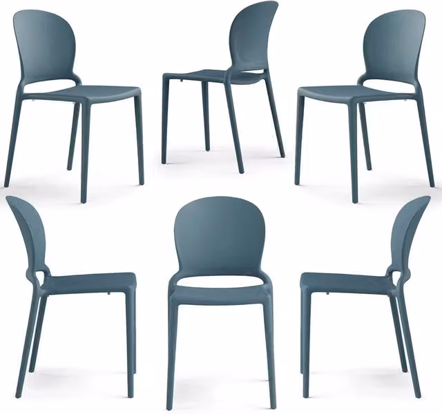 Set 6 sedie in polipropilene JASMINE, impilabile, resistente ai raggi UV, design moderno, ideale per sala da pranzo, cucina, sala d’attesa, bar, ristoranti o giardino colore Avio