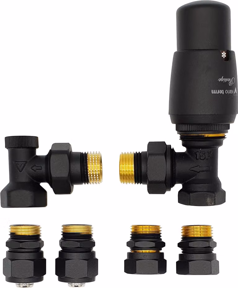 Set di valvole termostatiche ad angolo nere + attacchi PEX e Cu