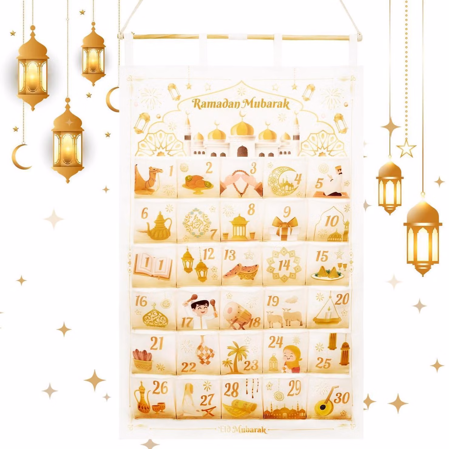 Calendario dell'Avvento per il Ramadan, in tessuto, con 30 tasche, colore bianco, dimensioni 99,5 x 61 cm