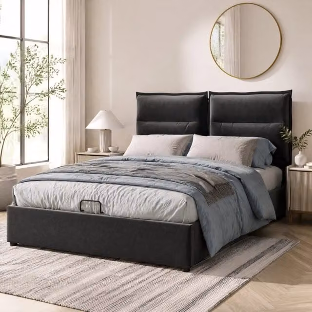 Letto imbottito con contenitore a sollevamento idraulico; testiera regolabile; 140x200 cm; velluto nero