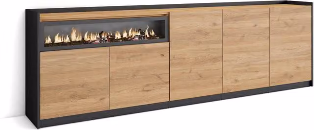 Credenza, Mobile, Cucina, 260x80x37 cm, 5 Porte, Camino elettrico, Rovere e nero