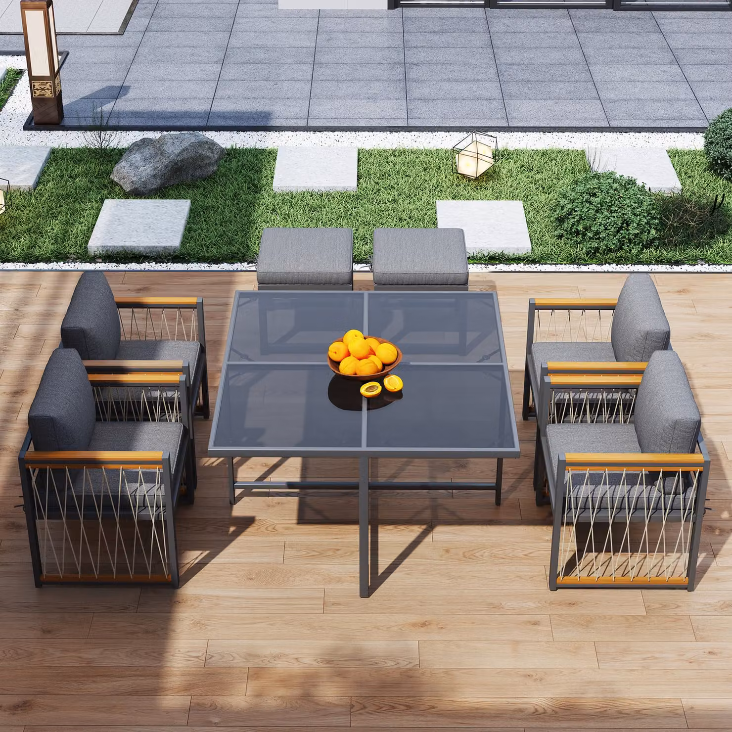 okwish Set da giardino (7 pezzi) Set di mobili da giardino, set da pranzo da esterno con tavolo e sedie, set angolare per 6 persone, grigio