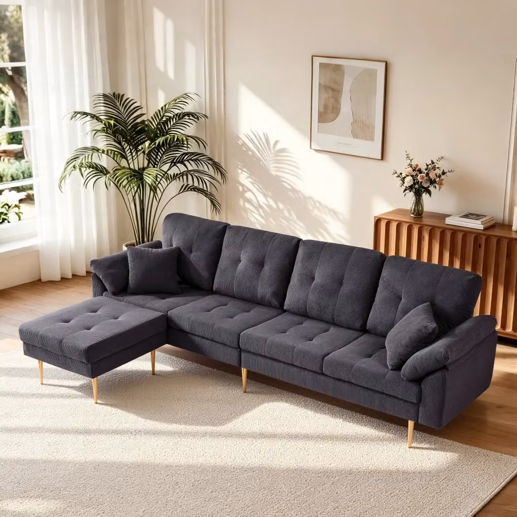 Divano MIVRAY a 4 posti in velluto a coste grigio scuro con pouf separato configurabile a L L/P/H: 250 x 87 x 70 cm – 2