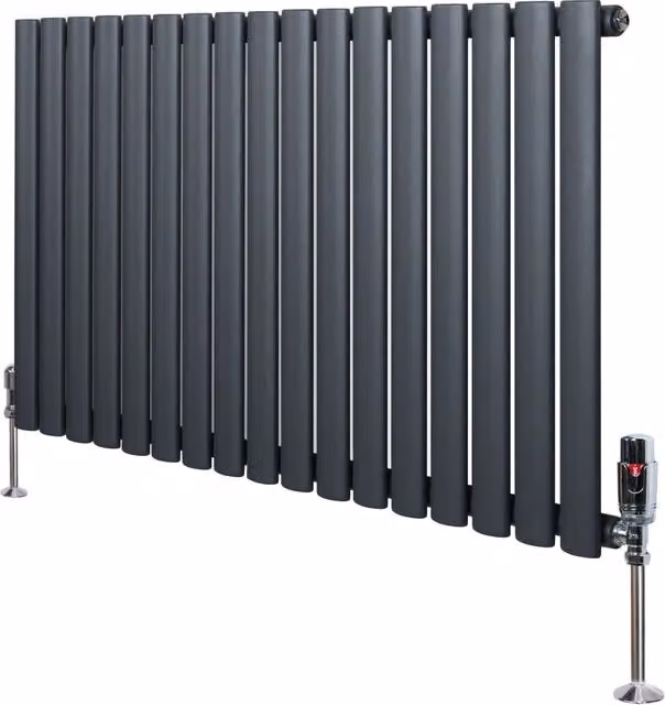 Radiatore Orizzontale Ovale Monstershop in Acciaio Grigio Antracite con Valvole Termostatiche e Staffe di Fissaggio L: 102 cm, H: 60 cm – 1