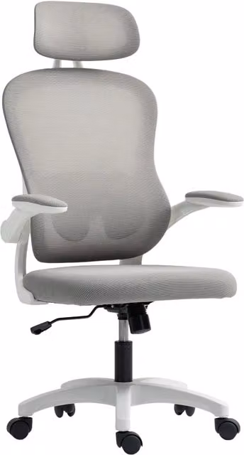 Sedia da Ufficio Ergonomica Minimal Grigia con Braccioli Ribaltabili e Poggiatesta L: 64 cm, P: 62 cm, H: 115 cm
