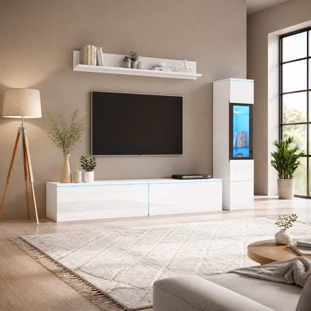 Set soggiorno TV 3 pezzi con illuminazione LED, finitura bianco lucido, mobile TV, vetrinetta e mensola sospesa