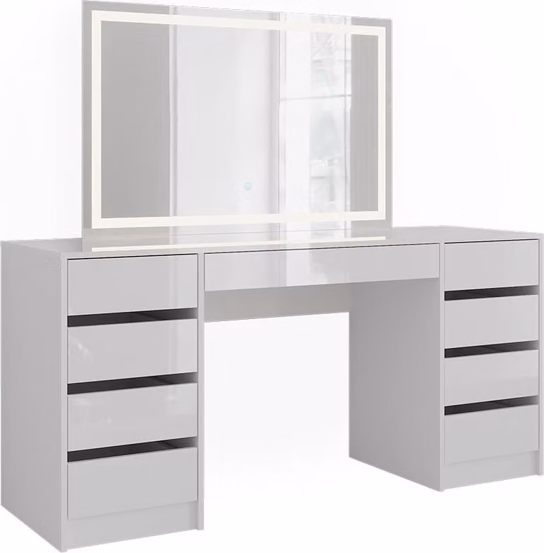 Tavolo da toeletta Vicco Sherry Bianco/Bianco lucido 158.2 cm con specchio a LED, Model 57665