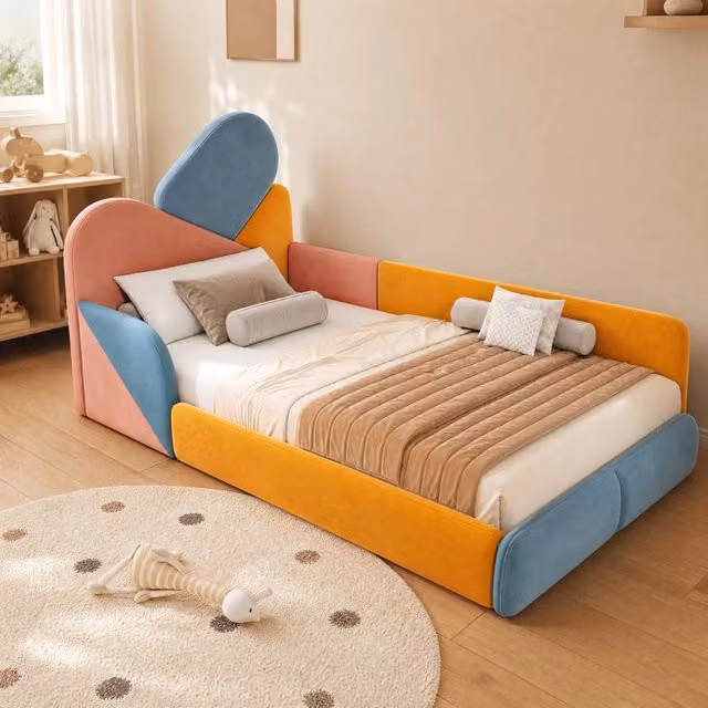 Letto singolo per bambini Mivray con sponde imbottite in velluto blu multicolore L/P: 90 x 200 cm