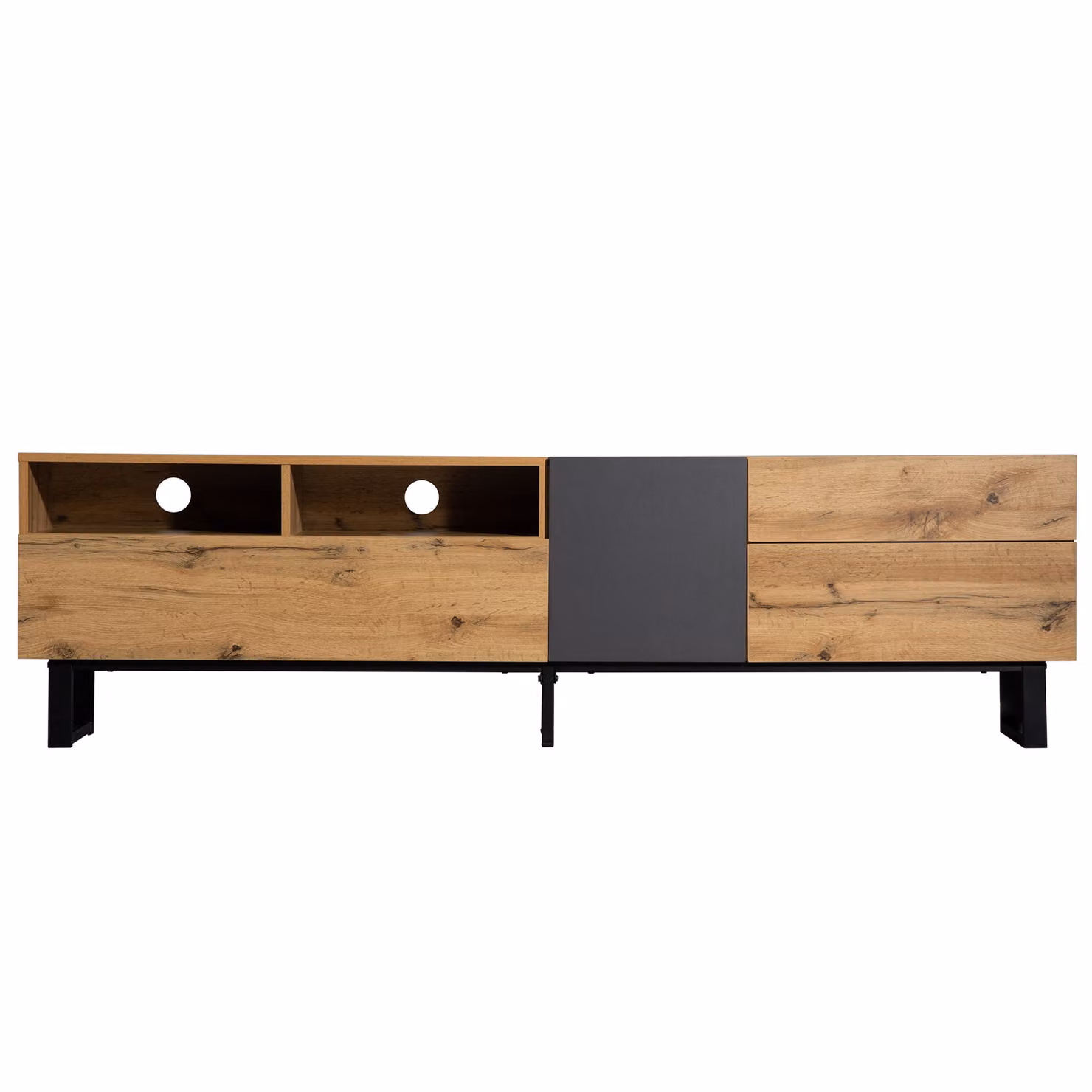Mobile TV Moderno Aosom con Design Irregolare Colorblocking, Superficie Lucida e Venature in Legno, Rovere, Antracite e Nero – 2