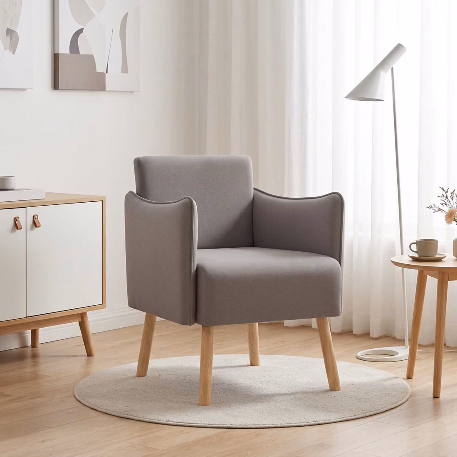 Sedia d'accento moderna vidaXL in tessuto beige e grigio con braccioli e struttura in legno