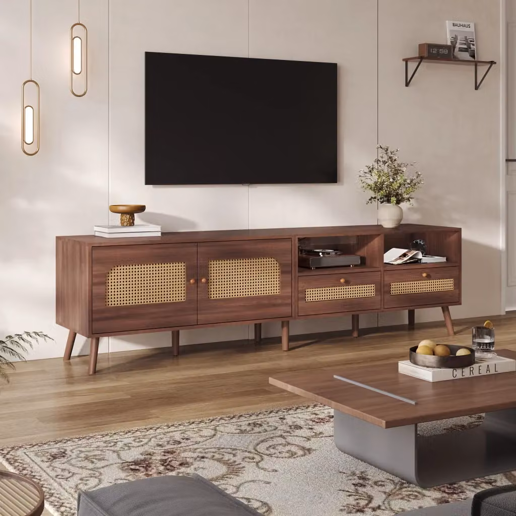 Mobile porta TV OKWISH per soggiorno con 2 ante in rattan e 2 cassetti, marrone, L: 200 cm, P: 37 cm, H: 49,5 cm – 2