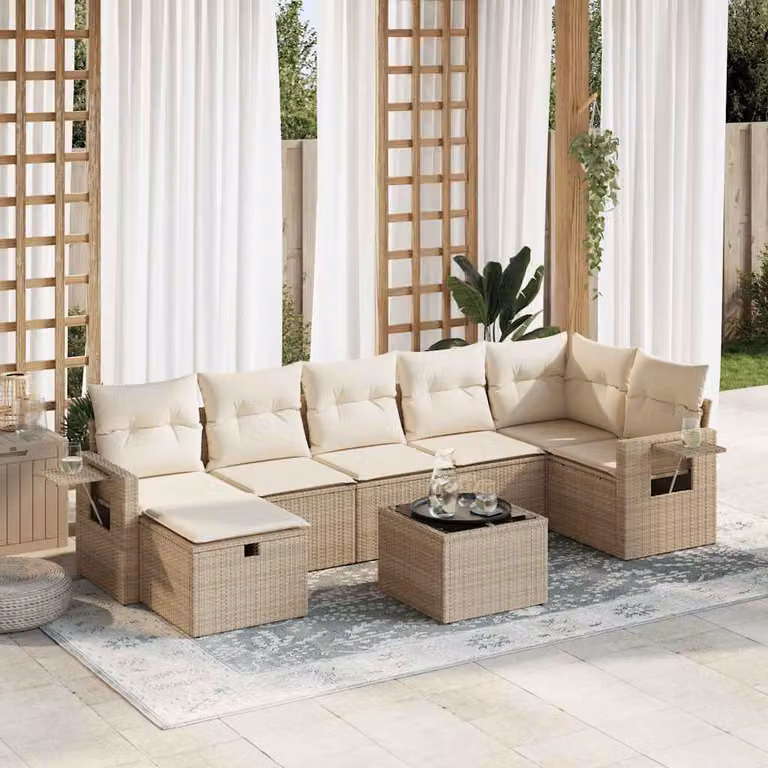 Set Divano da Giardino vidaXL 8 pz in Polyrattan Beige con Cuscini e Tavolino da Esterno a Forma di L