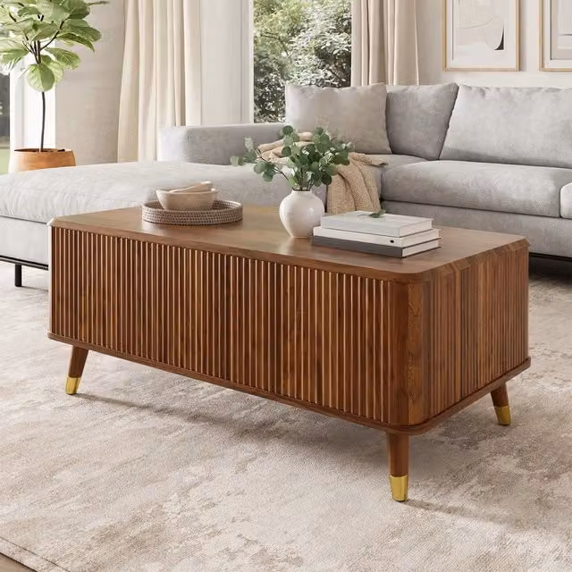Tavolino basso alzabile in MDF effetto noce con vano contenitore e piano estensibile 97 × 52 × 56.5 cm