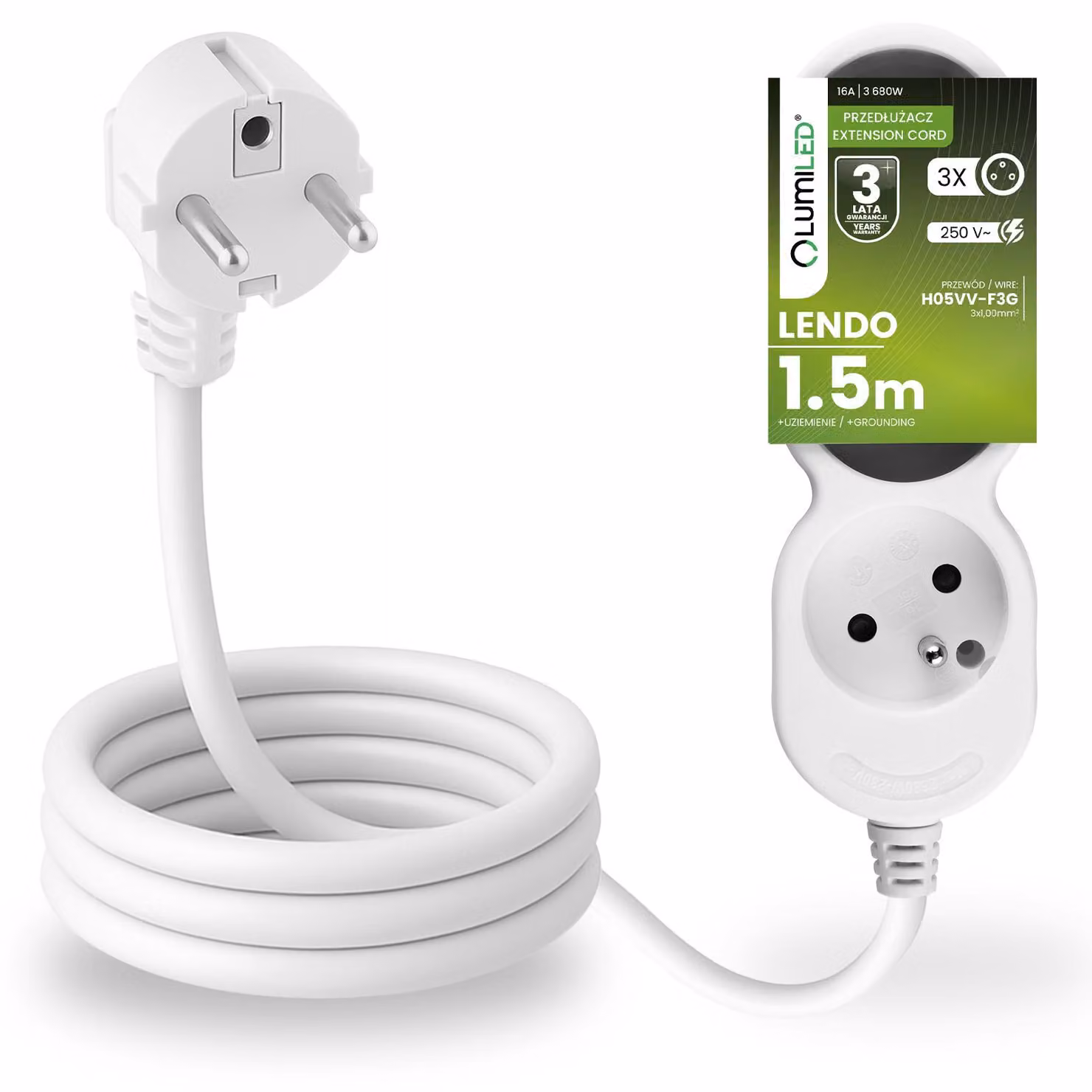 Presa multipla LUMILED Presa tripla tipo E, cavo da 1,5 m H05VV-F3G, bianco, presa multipla E 16A 3680W 250V IP20 Staffa per sospensione