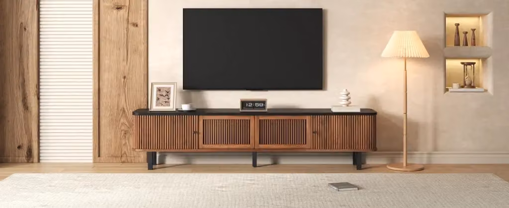 Mobile TV basso Mivray color noce con due ante scorrevoli e anta a griglia in MDF e truciolare, L 190 x P 35 x H 45 cm – 2