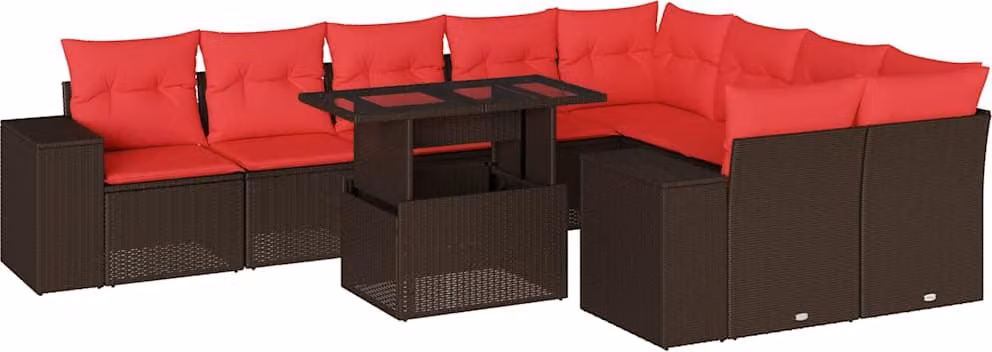 Set Divani da Giardino 10 pz con Cuscini Marrone in Polyrattan