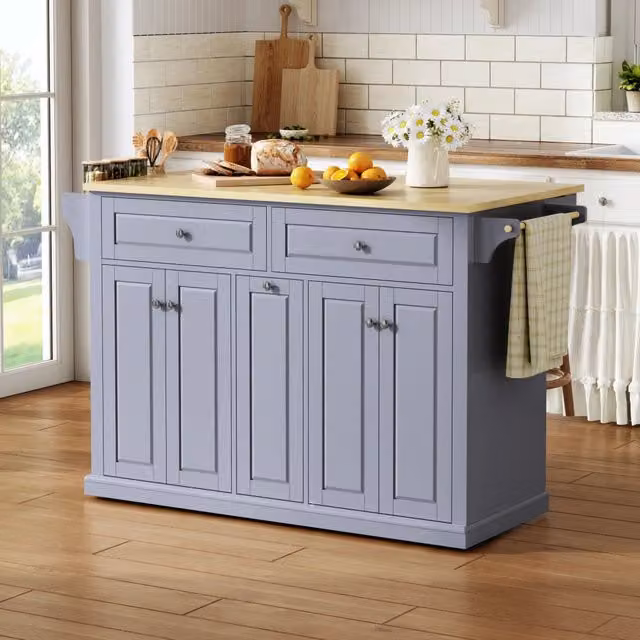 Carrello da cucina con piano pieghevole, 4 cassetti, portaspezie, ruote frenate, naturale e grigio, 121 × 49 × 89 cm