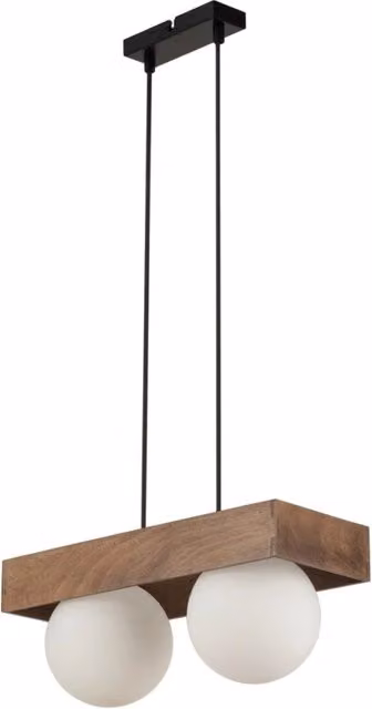 Lampada a sospensione Bloom Sigma Lighting con 2 sfere in vetro bianco e dettagli in legno, con altezza regolabile
