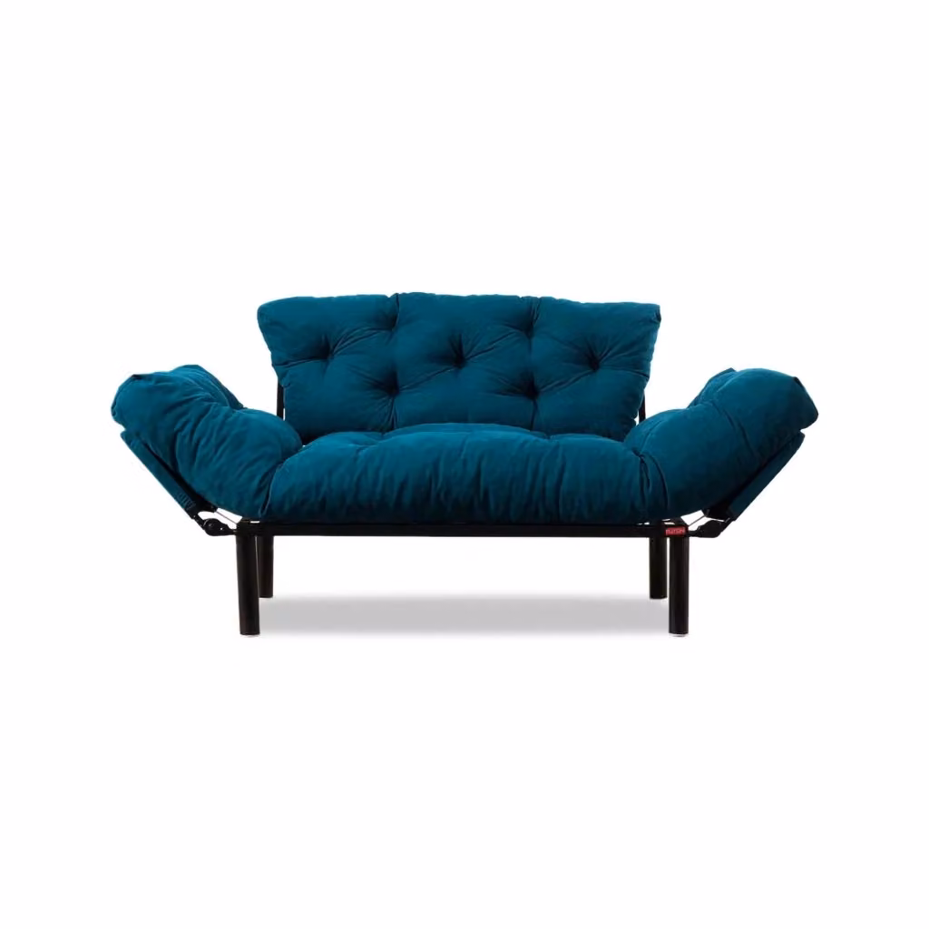 Divano Letto 2 Posti con Contenitore Guchol in Tessuto Blu Petrol, Design Moderno con Struttura in Metallo, L: 155 cm, P: 70 cm – 2