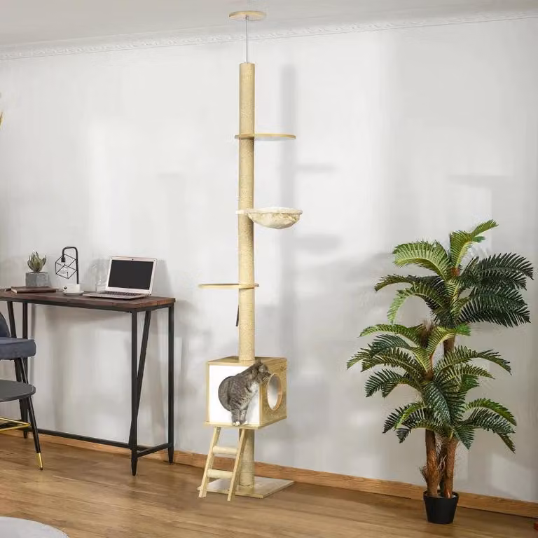 Albero per gatti con casetta | Colore: marrone chiaro + beige | Dimensioni: 40x40x240-260 cm