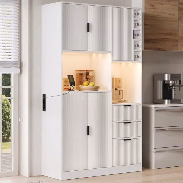 Credenza da cucina Mivray bianca con ripiani regolabili, 3 cassetti, portabottiglie e illuminazione LED, L/P/H: 105 x 40 x 180 cm