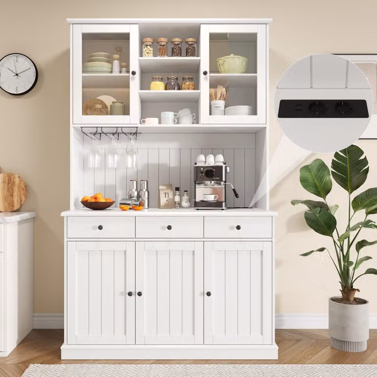 Flieks mobili alti da cucina con usb, mobile da cucina a buffet con ante in vetro e supporto in vetro, buffet da cucina 120x40x191cm, bianco
