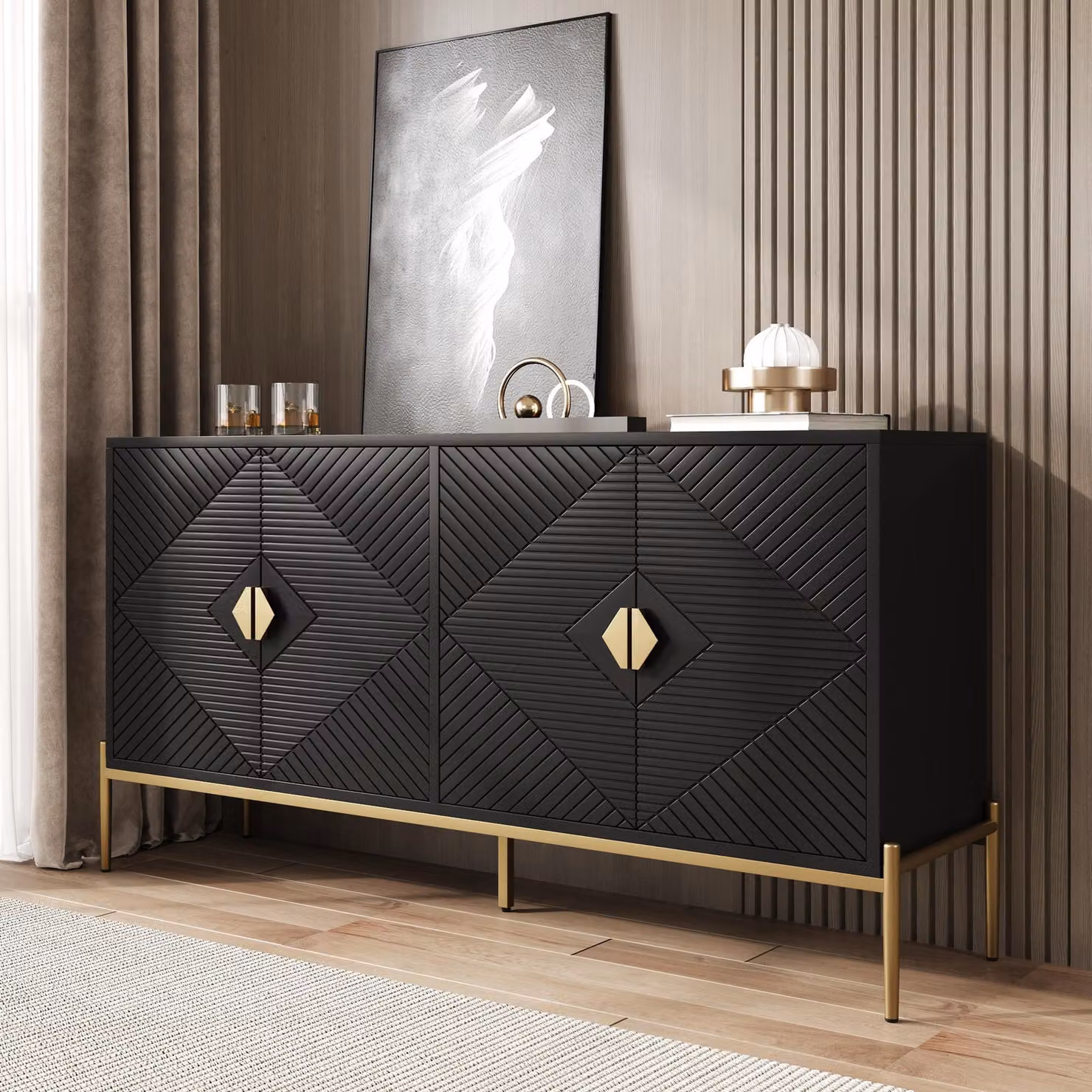Credenza Merax a 4 ante, cassettiera con gambe in metallo dorato, mobile contenitore in MDF per soggiorno, sala da pranzo e corridoio, nero