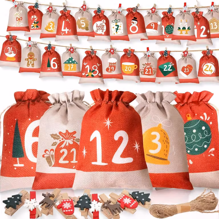 Calendario dell'Avvento da riempire - Grande - Calendario dell'Avvento da riempire personalmente, completo di 24 sacchetti di juta di dimensioni 18 x 13 cm
