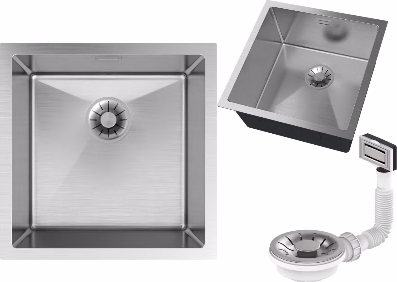 Granitan - Lavello acciaio inox - Lavandino 44x44 cm - Lavello cucina argento - con sifone - SILVO44