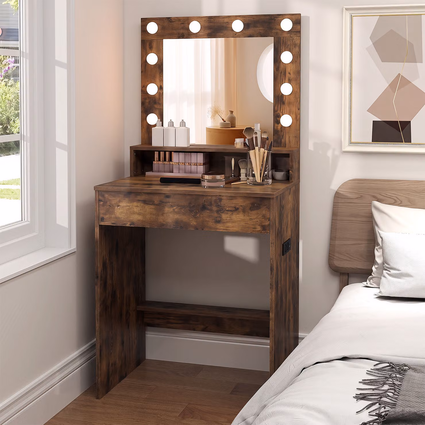 Scrivania vanity Costway Hollywood LED con specchio e luci regolabili, Tavolo da trucco moderno in legno marrone