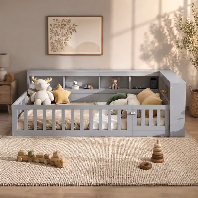 Letto a baldacchino moderno in truciolato grigio con vano laterale e porta USB, L/P: 140 x 190 cm