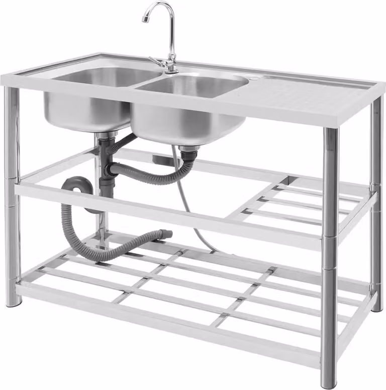 Lavello da cucina professionale - Doppia vasca in acciaio inox - Ripiano a 3 livelli - Rubinetto girevole a 360° - Indipendente - Argento